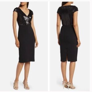 Dress The Population Jaleah Black Sequin V-Neck Bodycon Midi Dress SZ S